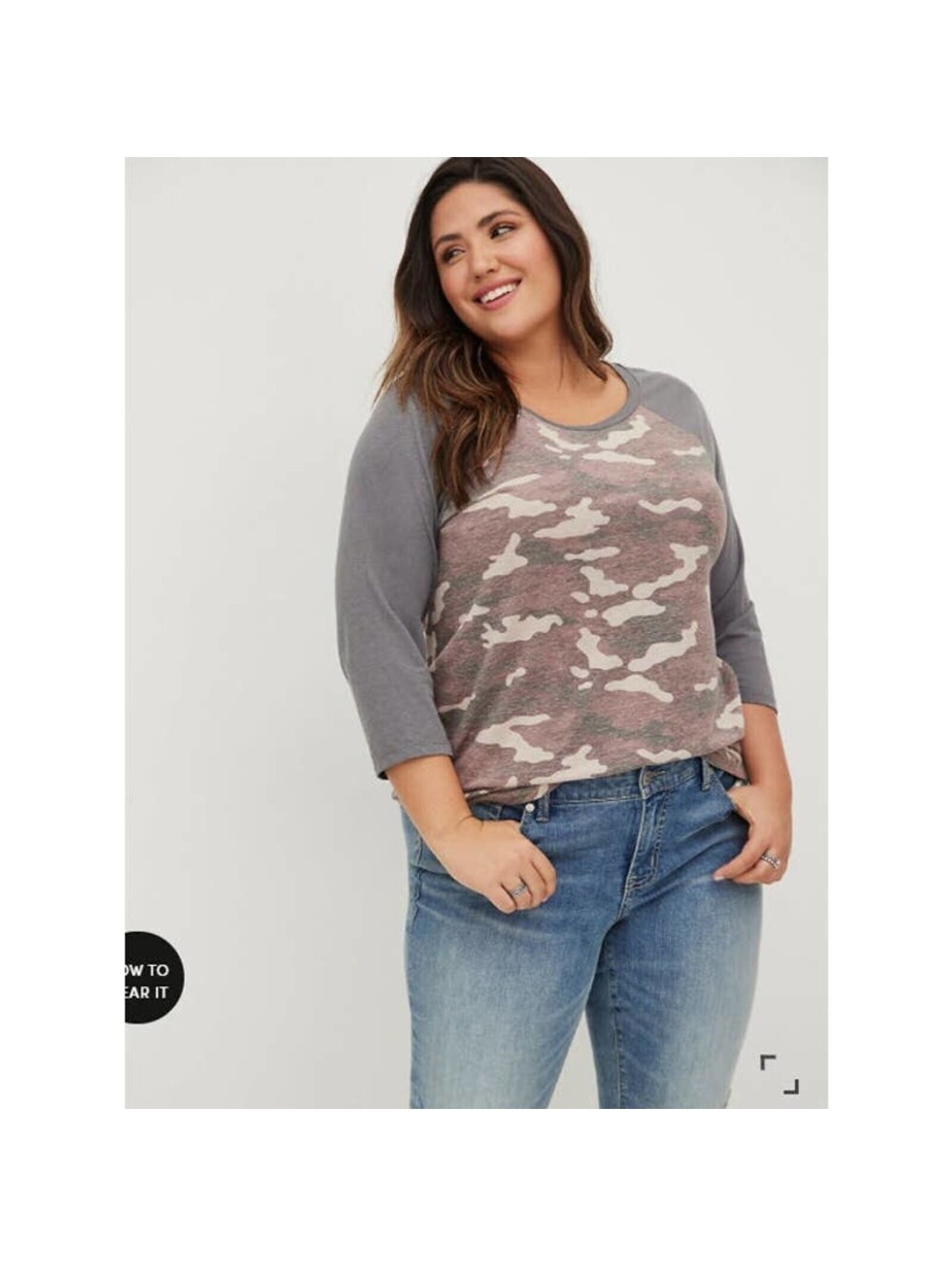 TORRID 4X TRIBLEND JERSEY CAMO GREYRAGLAN BASEBALL TEE